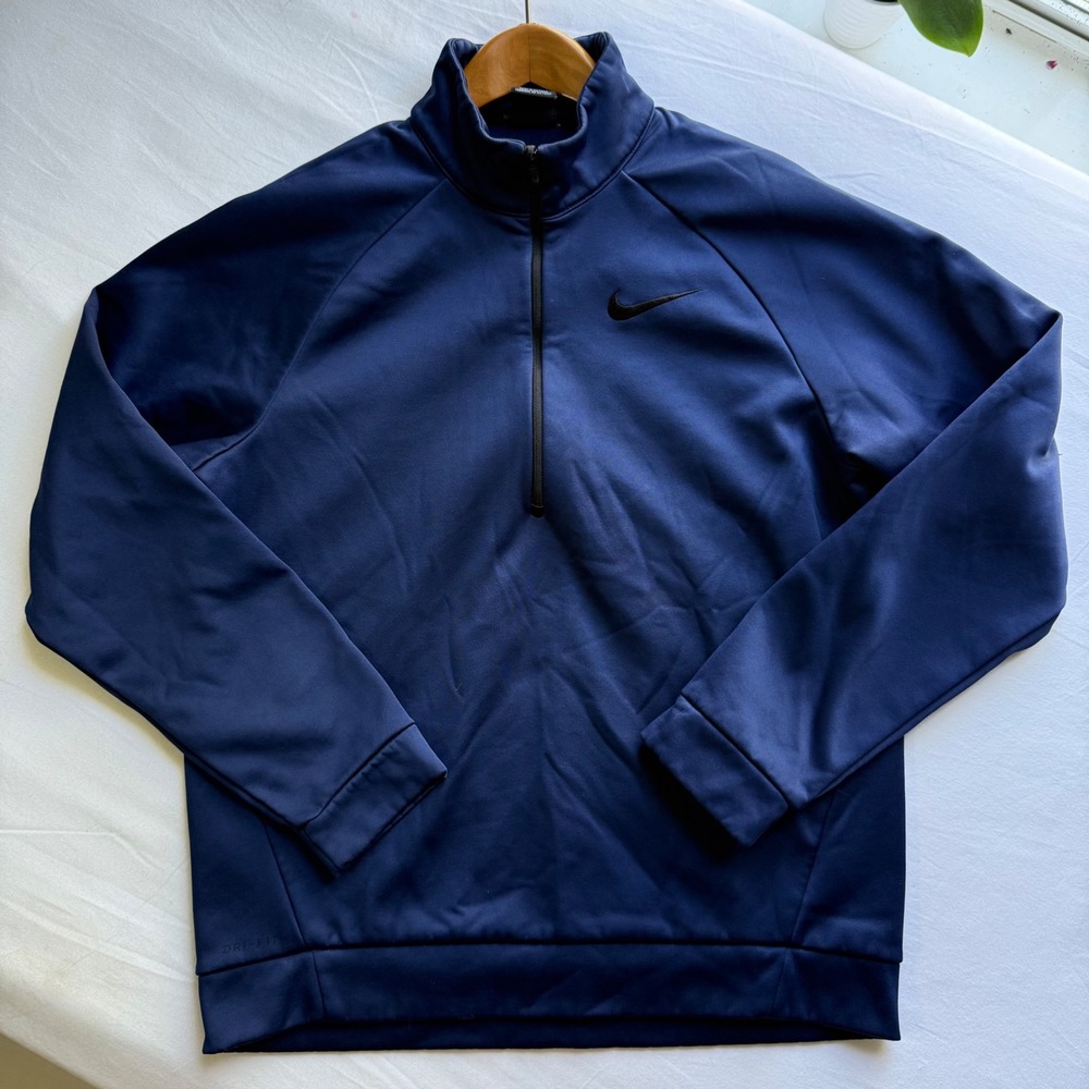 Nike Dri-FIT Mens Navy Blue Fleece Lined Quarter Zip Pullover Sweatshirt Medium